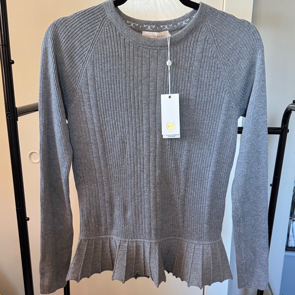 Tory Burch Gray Ribbed Long Sleeve Top